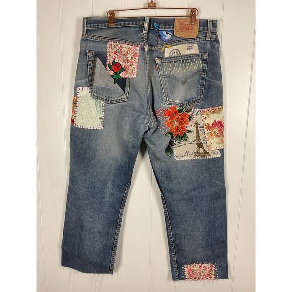 Levi's Custom Patchwork Floral 521 Zip Fly Closure Raw Hem Size 32 - Picture 6 of 10